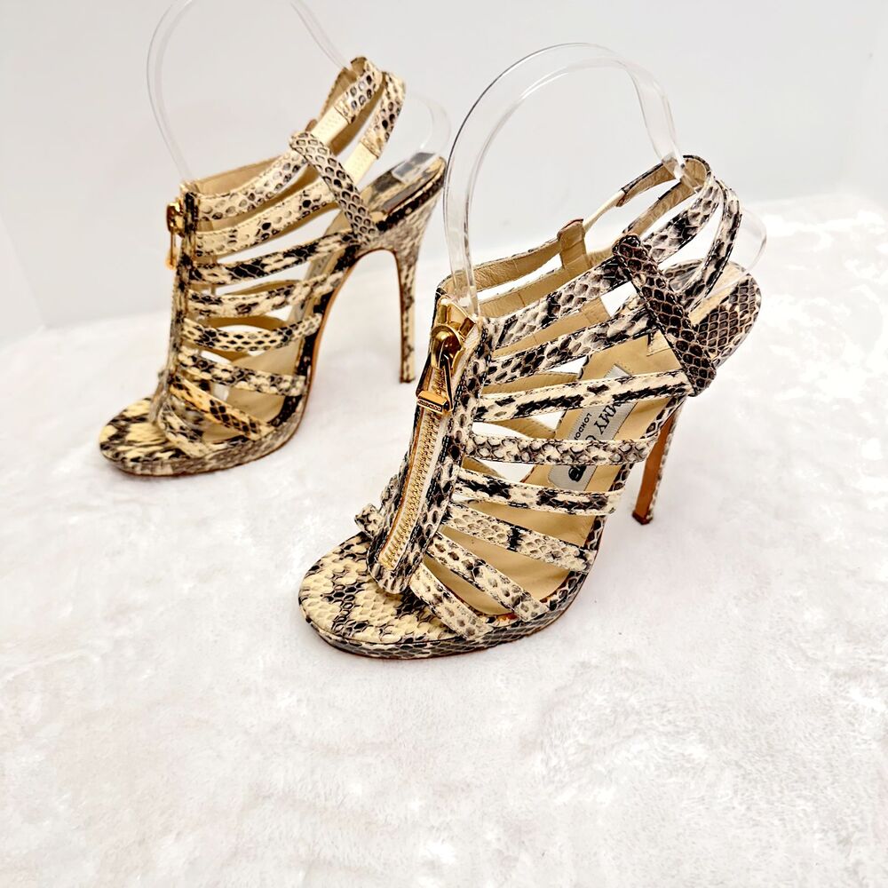 Jimmy Choo Women's Snakeskin Heels Strappy Sandals Front Gold Zip Python SZ 37 - Picture 2 of 14